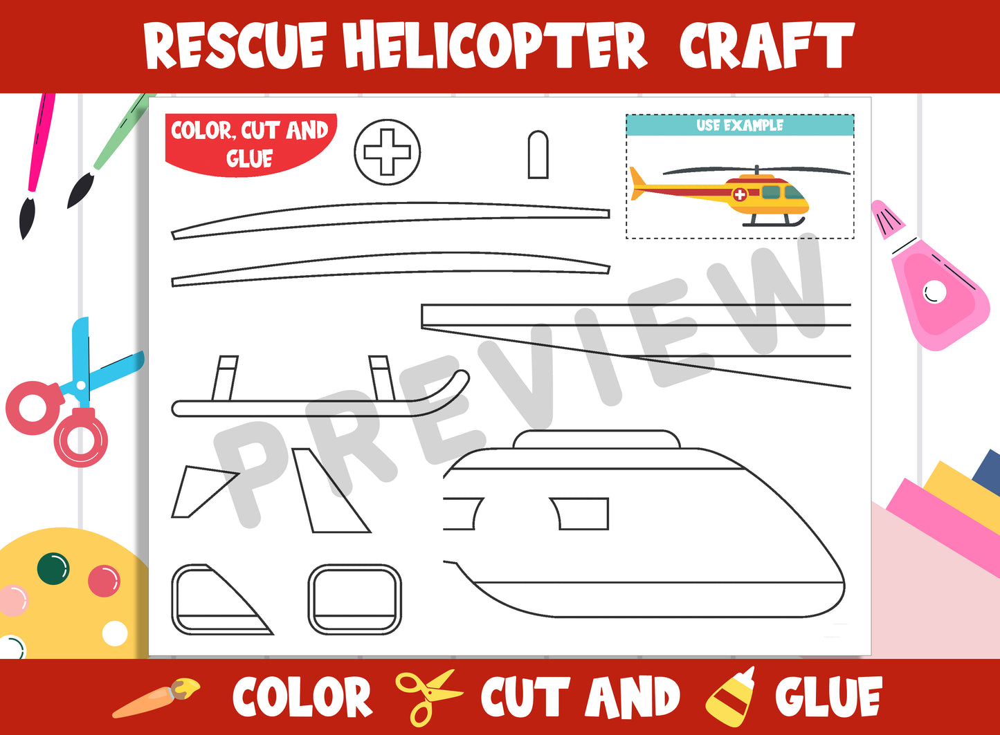 Rescue Helicopter Craft Activity - Color, Cut, and Glue for PreK to 2nd Grade, PDF File, Instant Download