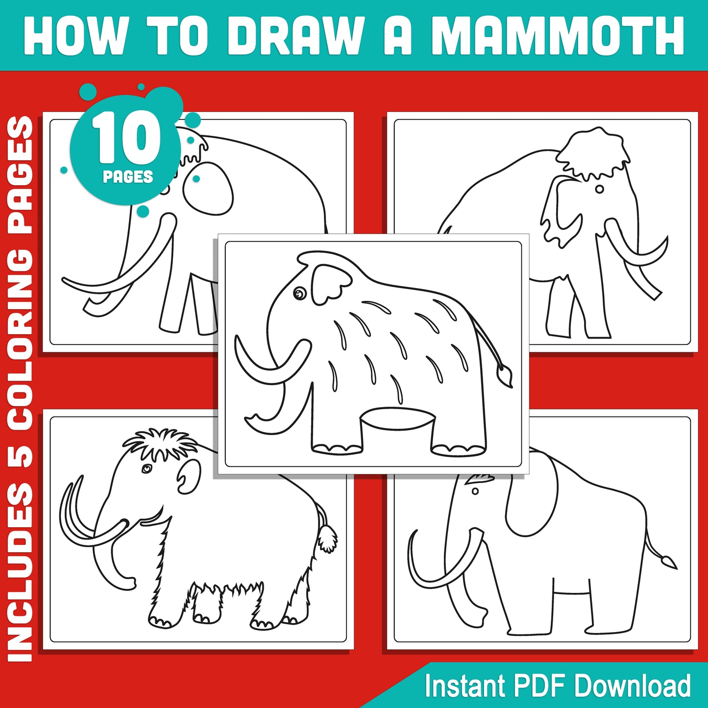 Step-by-Step Mammoth Drawing for Kids: 5-Page Tutorial with 5 Fun Ice Age Coloring Pages, Great for Christmas Art Activities, Instant PDF Download