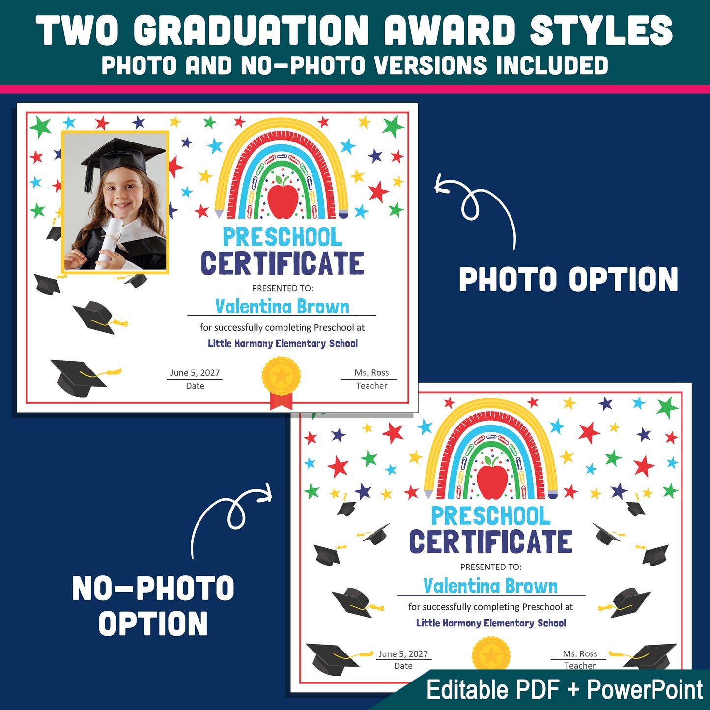 Certificate of Achievement, Printable Rainbow School Awards, Photo and No-Photo Options, PDF and PowerPoint Templates