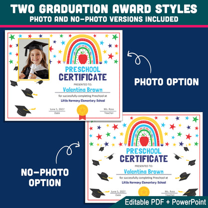 Certificate of Achievement, Printable Rainbow School Awards, Photo and No-Photo Options, PDF and PowerPoint Templates