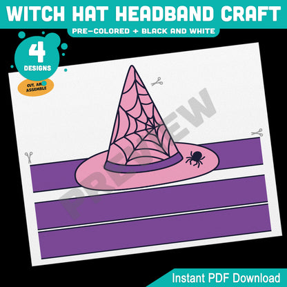 Witch Hat Headband & Crown Craft, Halloween Craft Templates for Kids, Paper Witch Hat, Pre-Colored + Black & White Printable Activity