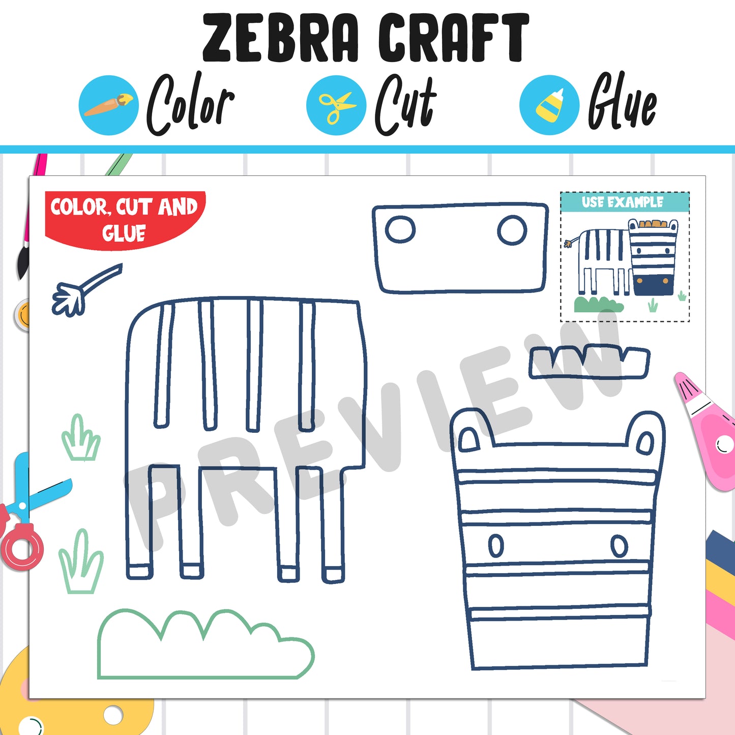 Simple Zebra Craft for Kids : Color, Cut, and Glue, a Fun Activity for Pre K to 2nd Grade, PDF Instant Download