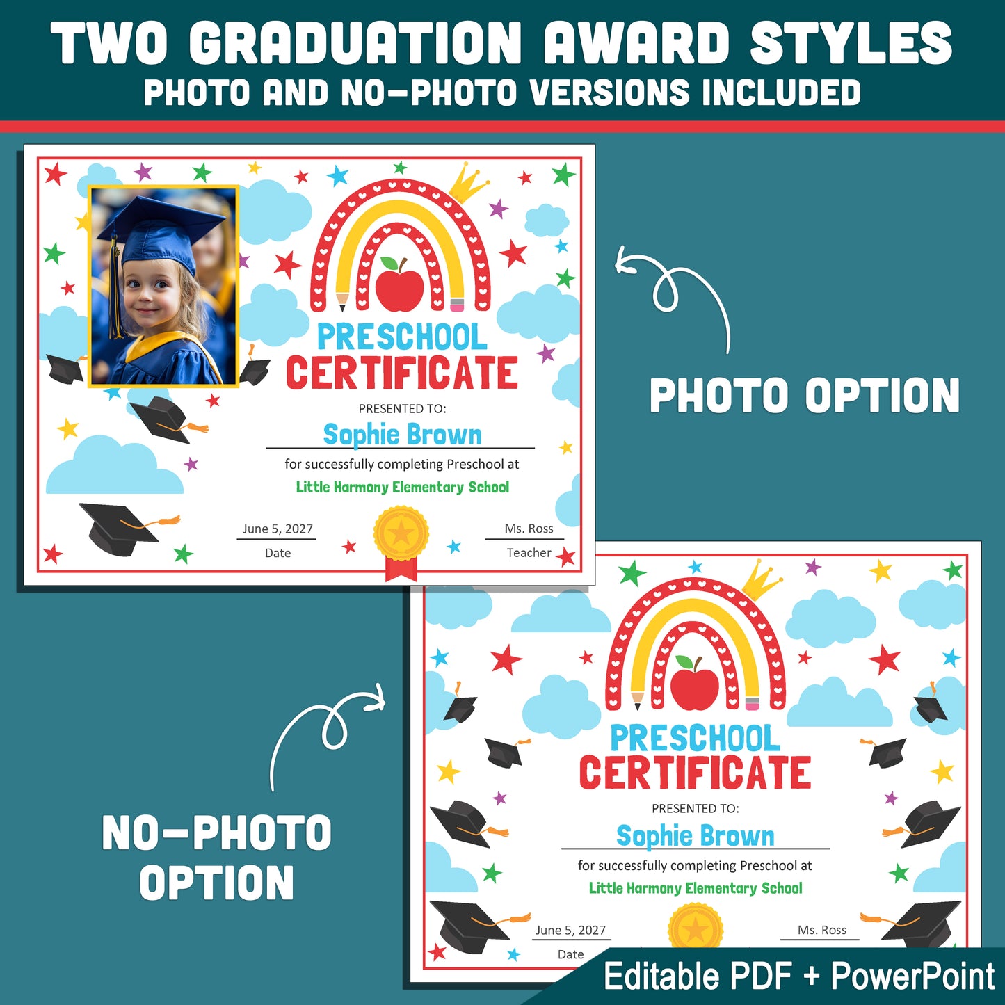 End of Year Certificates, Editable Awards and Graduation Diplomas for Preschool & Beyond, Any Grade, With and Without Photo, PDF and PowerPoint