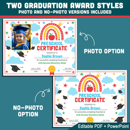 End of Year Certificates, Editable Awards and Graduation Diplomas for Preschool & Beyond, Any Grade, With and Without Photo, PDF and PowerPoint