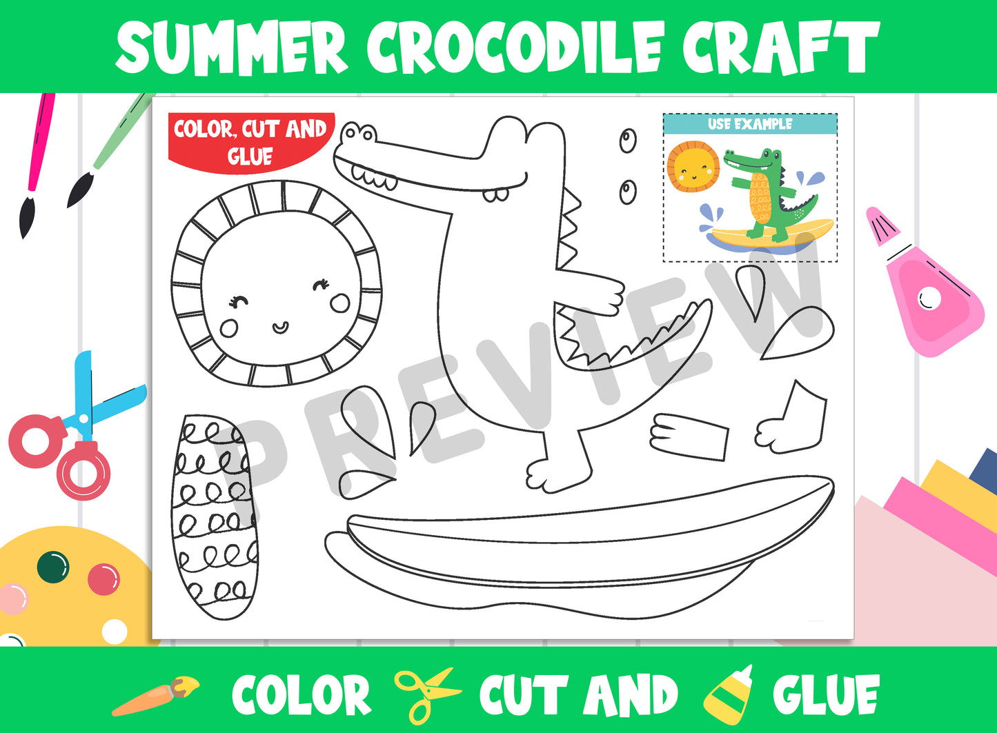 Summer Crocodile Craft Activity for Kids : Color, Cut, and Glue for PreK to 2nd Grade, PDF File, Instant Download