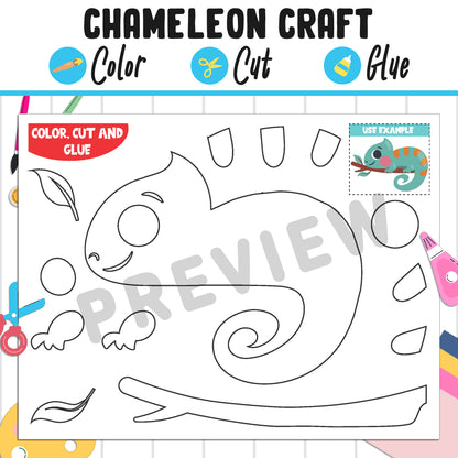 Cute Chameleon Craft : Color, Cut, and Glue, a Fun Activity for Pre K to 2nd Grade, PDF Instant Download