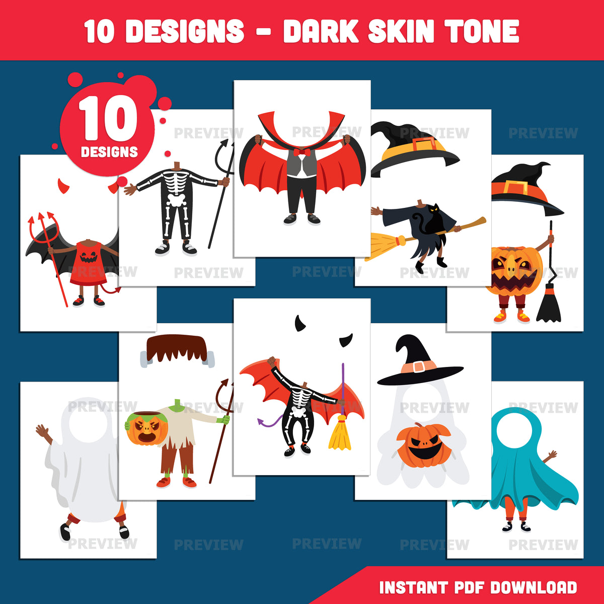 Halloween Body Templates, Face-Inspired Paper Craft, Fall Season Activity, 10 Designs, Light & Dark Skin, High-Resolution PDF + PNG, Coloring Included