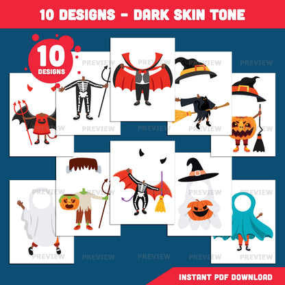 Halloween Body Templates, Face-Inspired Paper Craft, Fall Season Activity, 10 Designs, Light & Dark Skin, High-Resolution PDF + PNG, Coloring Included