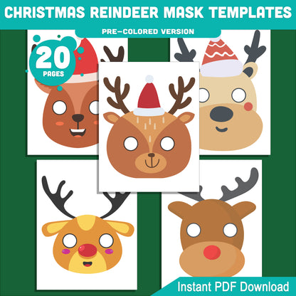 Printable Christmas Reindeer Mask Templates: 10 Fun Designs, 20 Pages (10 Pre-Colored + 10 Black and White), Perfect for School or Home Holiday Craft, PDF