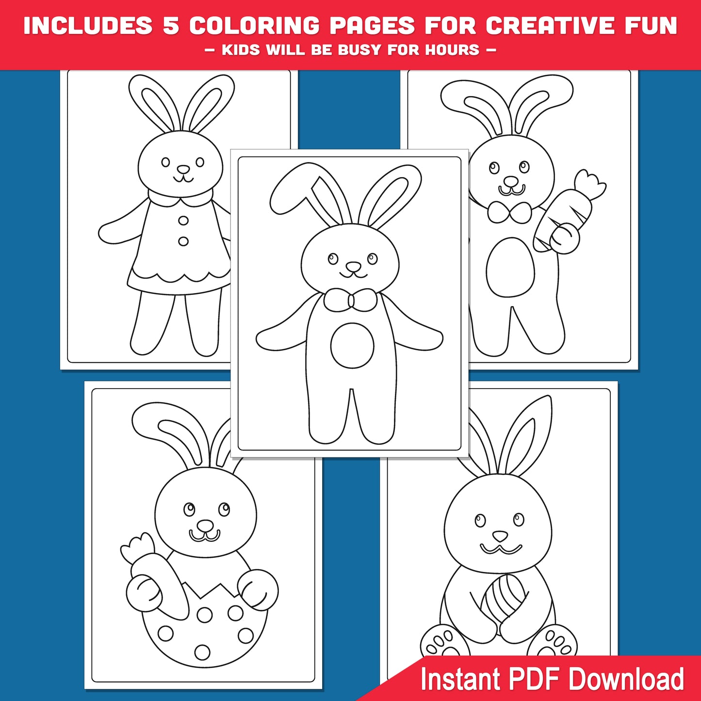 Easter Bunny Directed Drawing Worksheets – How to Draw Easter Bunny, 6 Easy Steps, 5-Page Drawing Tutorial Guide, Coloring Pages Printable PDF