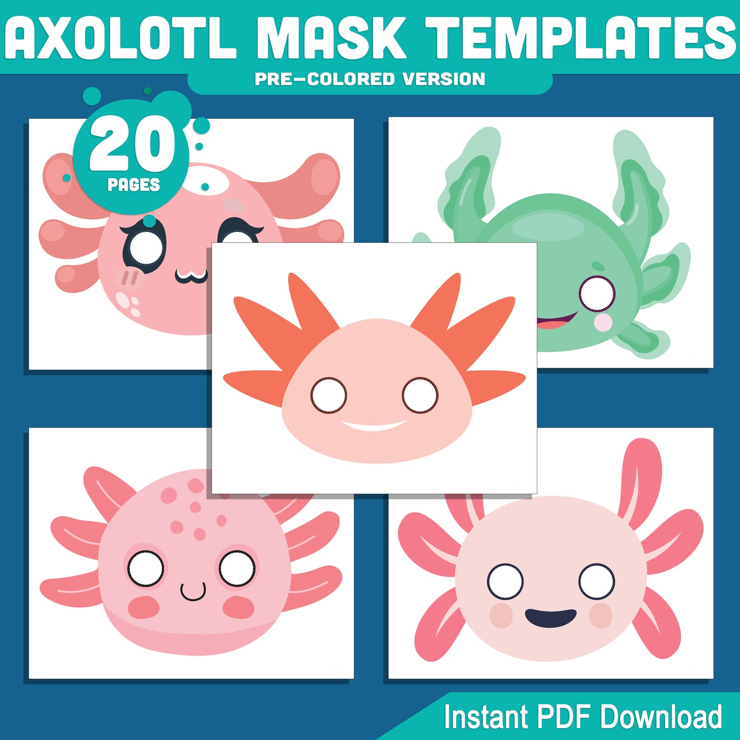 Axolotl (Ajolote) Mask Templates for Kids: Fun Printable Craft with Pre-Colored & Black and White Options, 20 Pages, PDF Instant Download