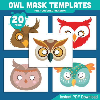 Owl Mask Templates: 20 Printable Pages for Kids’ Craft and Drama, Pre-Colored + Black & White Versions, Fun PDF Activity Download