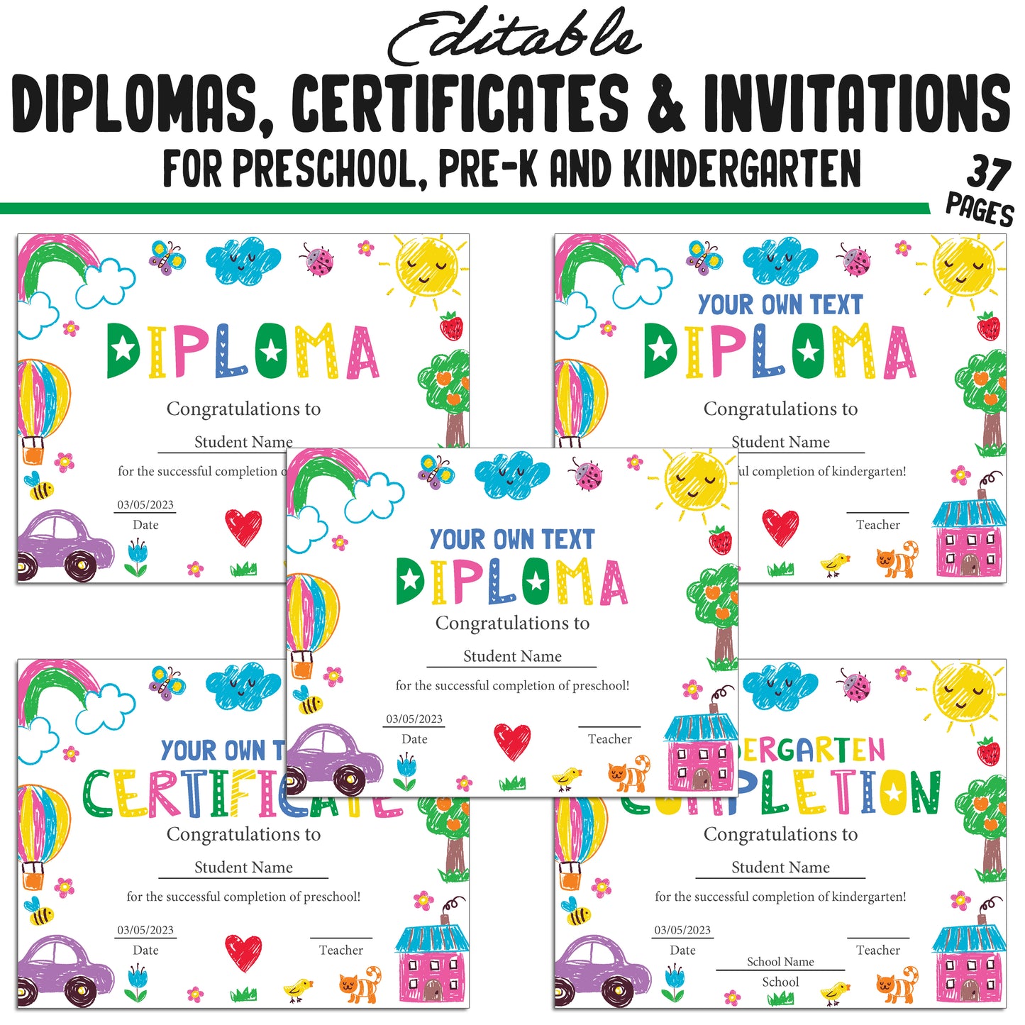 37 Customizable Kids' Drawing Pencil-Themed Pre-K, Kindergarten, and Preschool Diplomas, Certificates, and Invitation Templates (PDF)