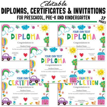 37 Customizable Kids' Drawing Pencil-Themed Pre-K, Kindergarten, and Preschool Diplomas, Certificates, and Invitation Templates (PDF)