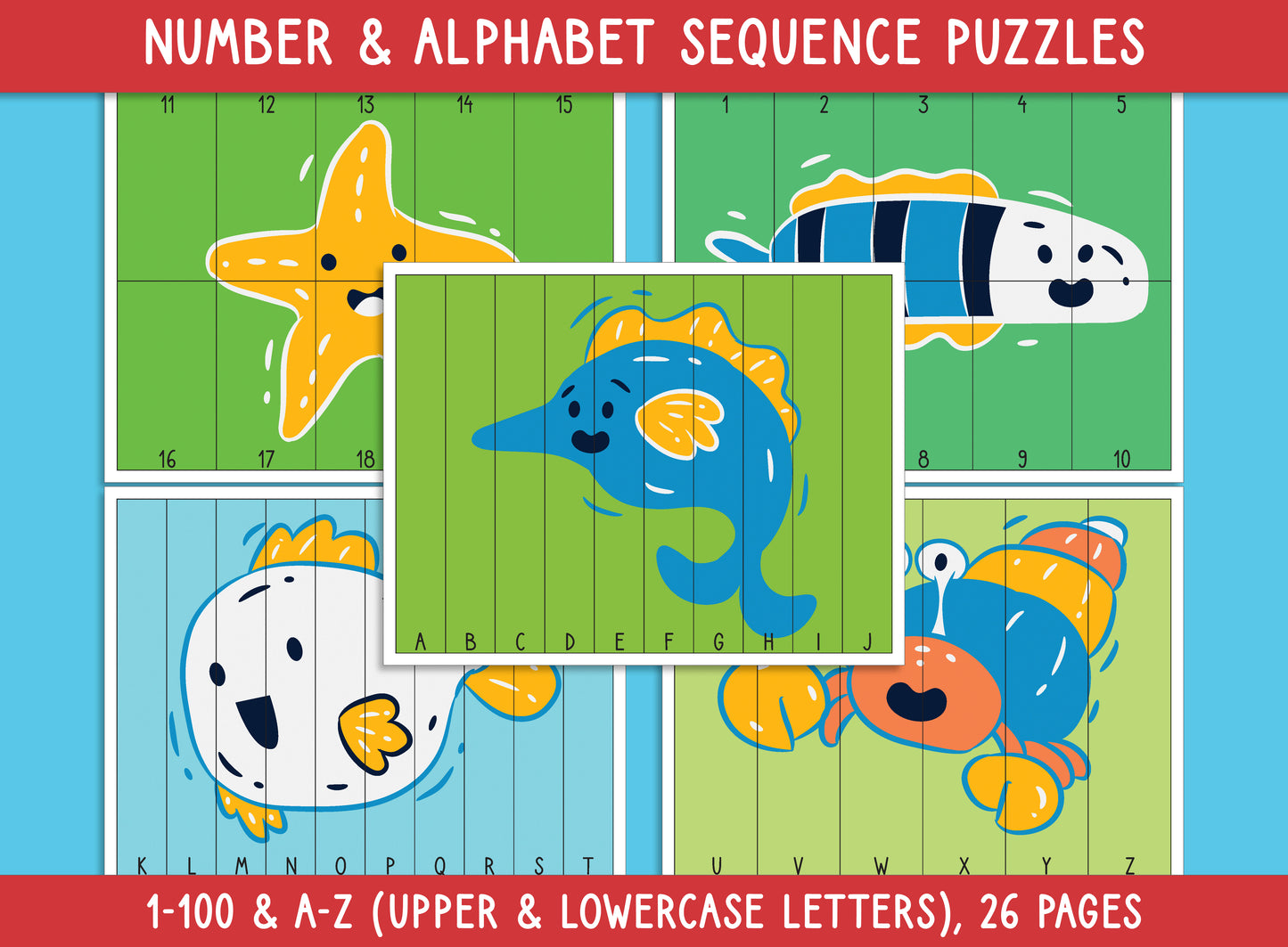 Sea Animal Number and Alphabet Sequence Puzzles (Printable), 1-100 and A-Z (Upper/Lowercase Letters), for Toddler, Preschool, Kindergarten