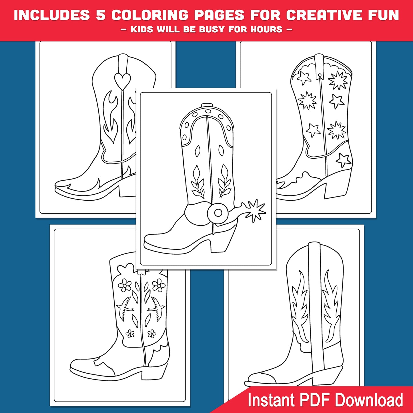 How to Draw a Cowboy Boot, Directed Drawing Activity, Printable Art Lesson, Learn to Draw in 6 Simple Steps, 5 Coloring Pages, PDF Download