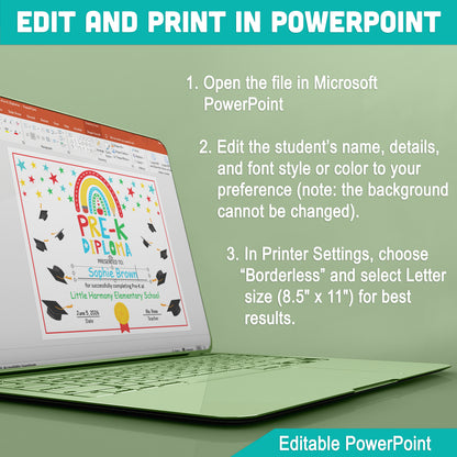 Editable Pre-K Diploma Graduation Certificate Template: Perfect for End of the Year Celebrations, Last Day of School, Letter Size PDF & PowerPoint!