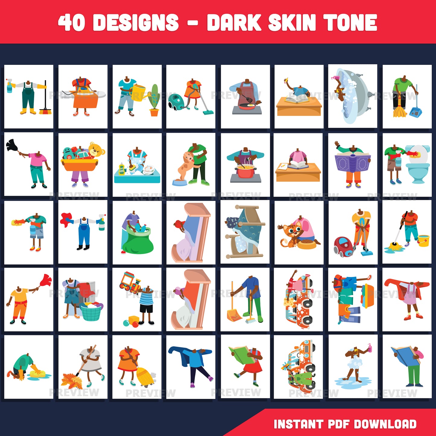 Chores Add Your Own Face Clipart – Kids Daily Routine Body Templates for Classroom & Home, 40 Light + 40 Dark Skin Designs