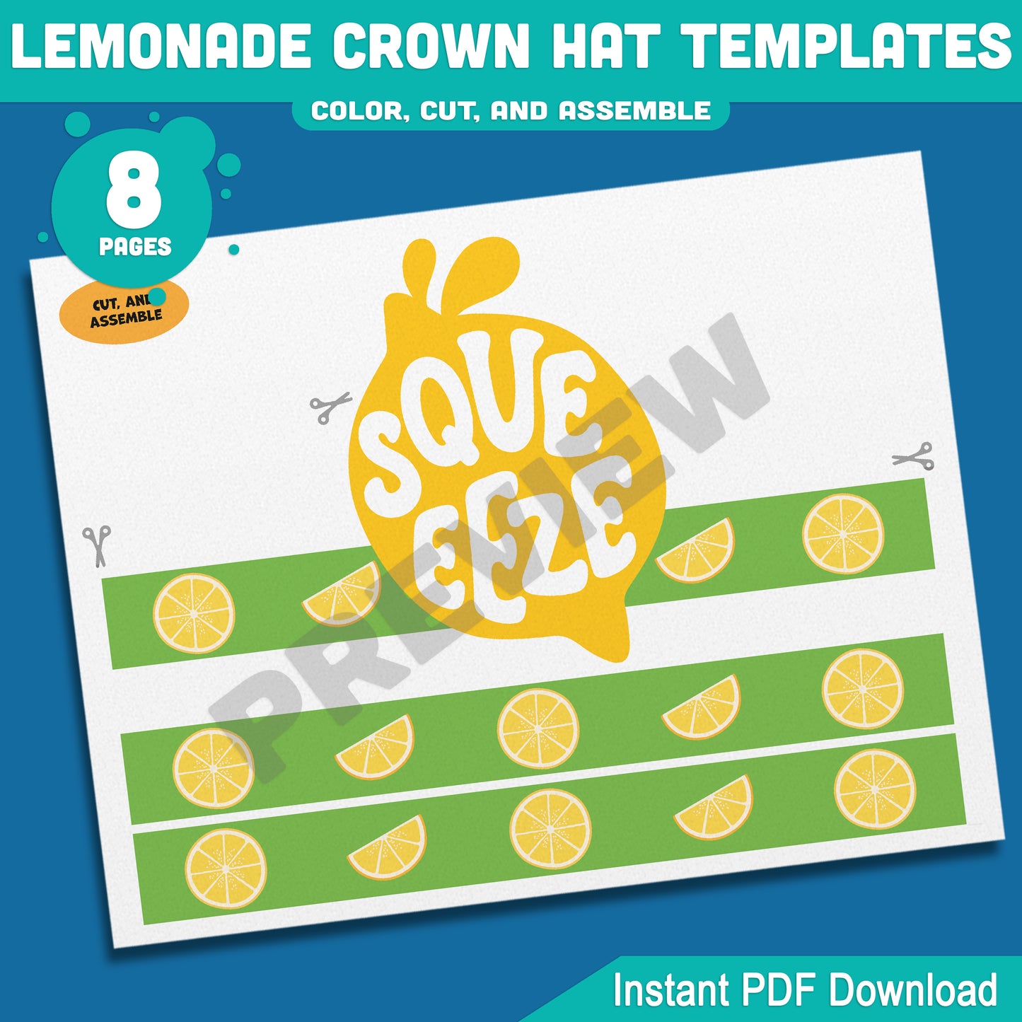 Lemonade Crown Hat Templates – Printable Summer Headband Craft for Kids, 8 Pages with Coloring Option, Instant PDF Download