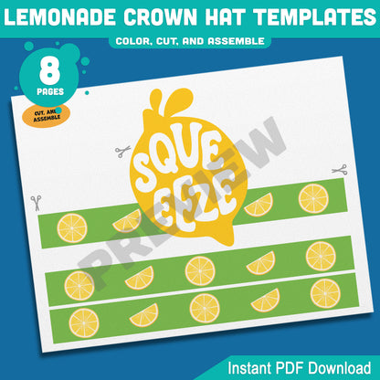 Lemonade Crown Hat Templates – Printable Summer Headband Craft for Kids, 8 Pages with Coloring Option, Instant PDF Download