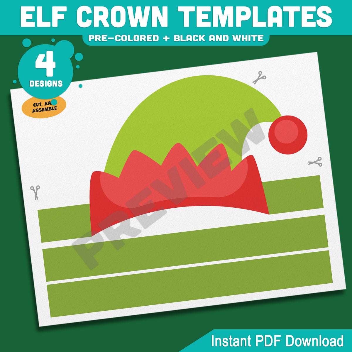 Elf Crown Templates, Christmas Coloring and Cutting Activity
