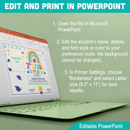 Photo-Enhanced 3rd Grade Diploma Template: Editable 8.5x11 PDF & PowerPoint for Graduation, Milestones, and Achievement Recognition