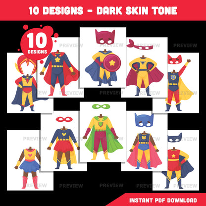 Printable Superhero Body Cutouts – Add Your Own Face Kids Craft Activity, Coloring Version Included, 10 Unique Designs, PDF + PNG Files