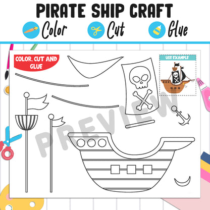 Pirate Ship Craft: Color, Cut, and Glue, a Fun Activity for PreK to 2nd Grade, PDF Instant Download