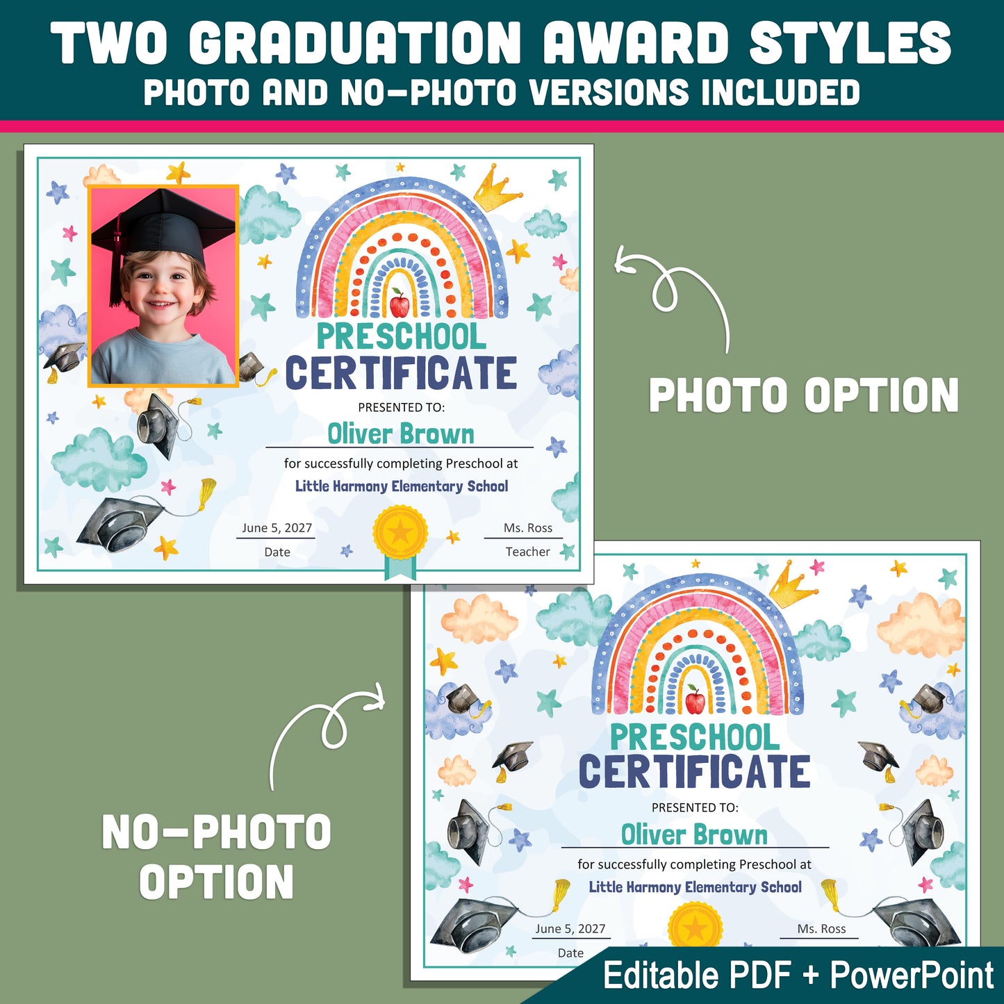Unique Certificates and Diplomas, Watercolor Graduation Keepsakes for Preschool & Beyond, Editable Awards, With and Without Photo, PDF PowerPoint