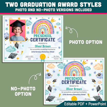 Unique Certificates and Diplomas, Watercolor Graduation Keepsakes for Preschool & Beyond, Editable Awards, With and Without Photo, PDF PowerPoint