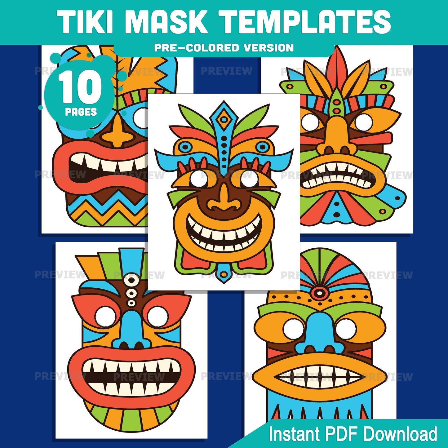 Tiki Mask Templates – Tropical Tribal Mask Printable Set, Paper Mask Craft with Extra-Thick Bold Lines, Pre-Colored and Black and White PDF