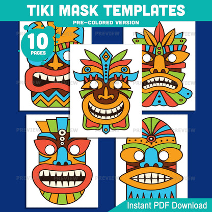 Tiki Mask Templates – Tropical Tribal Mask Printable Set, Paper Mask Craft with Extra-Thick Bold Lines, Pre-Colored and Black and White PDF