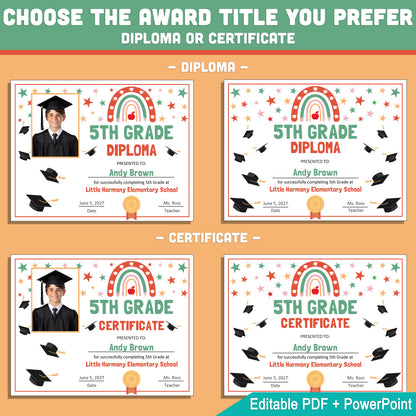 Editable 5th Grade Graduation Diploma & Certificate Set, Retro Rainbow Stars Theme, Printable Awards, Photo or No-Photo, PDF, PowerPoint