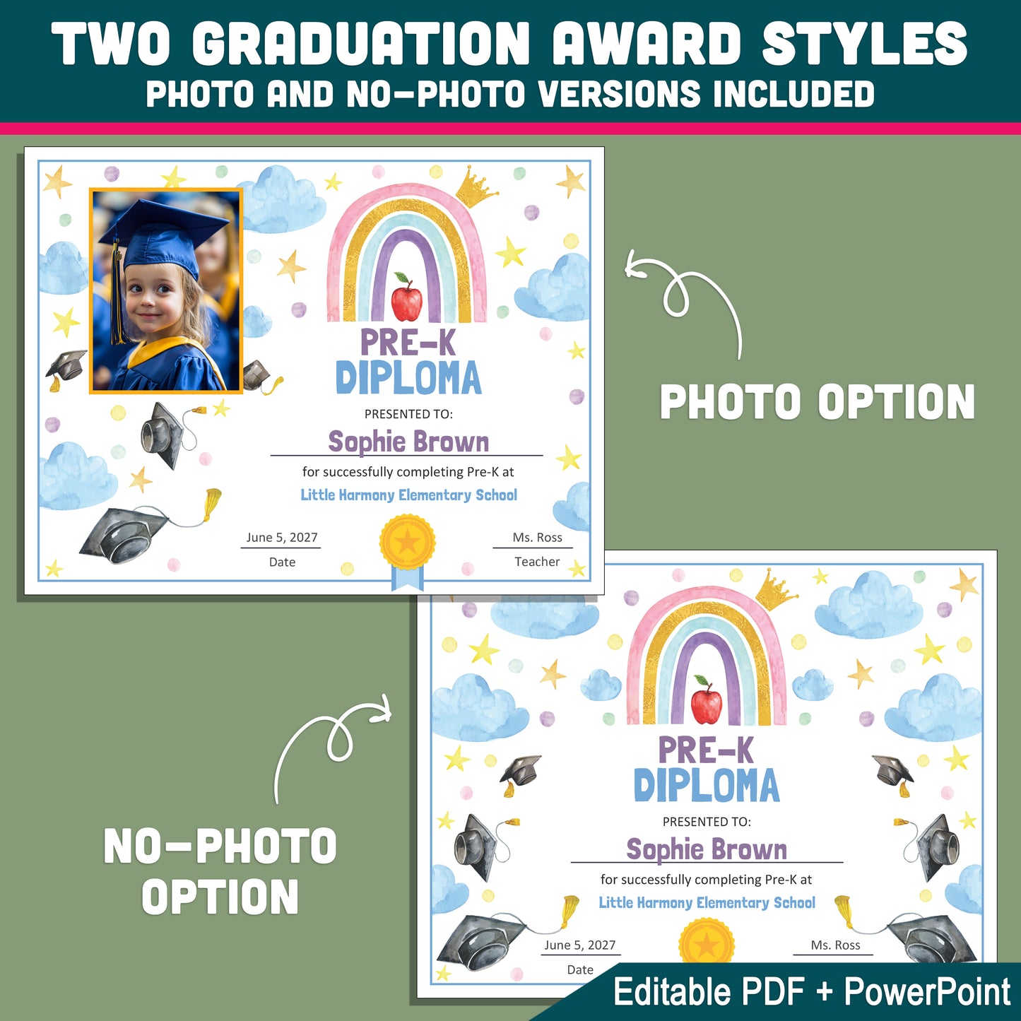 Pre K Diplomas, Editable Awards and Certificates, Graduation Template for Preschool & Beyond, With and Without Photo, PDF PowerPoint