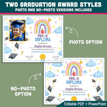 Pre K Diplomas, Editable Awards and Certificates, Graduation Template for Preschool & Beyond, With and Without Photo, PDF PowerPoint