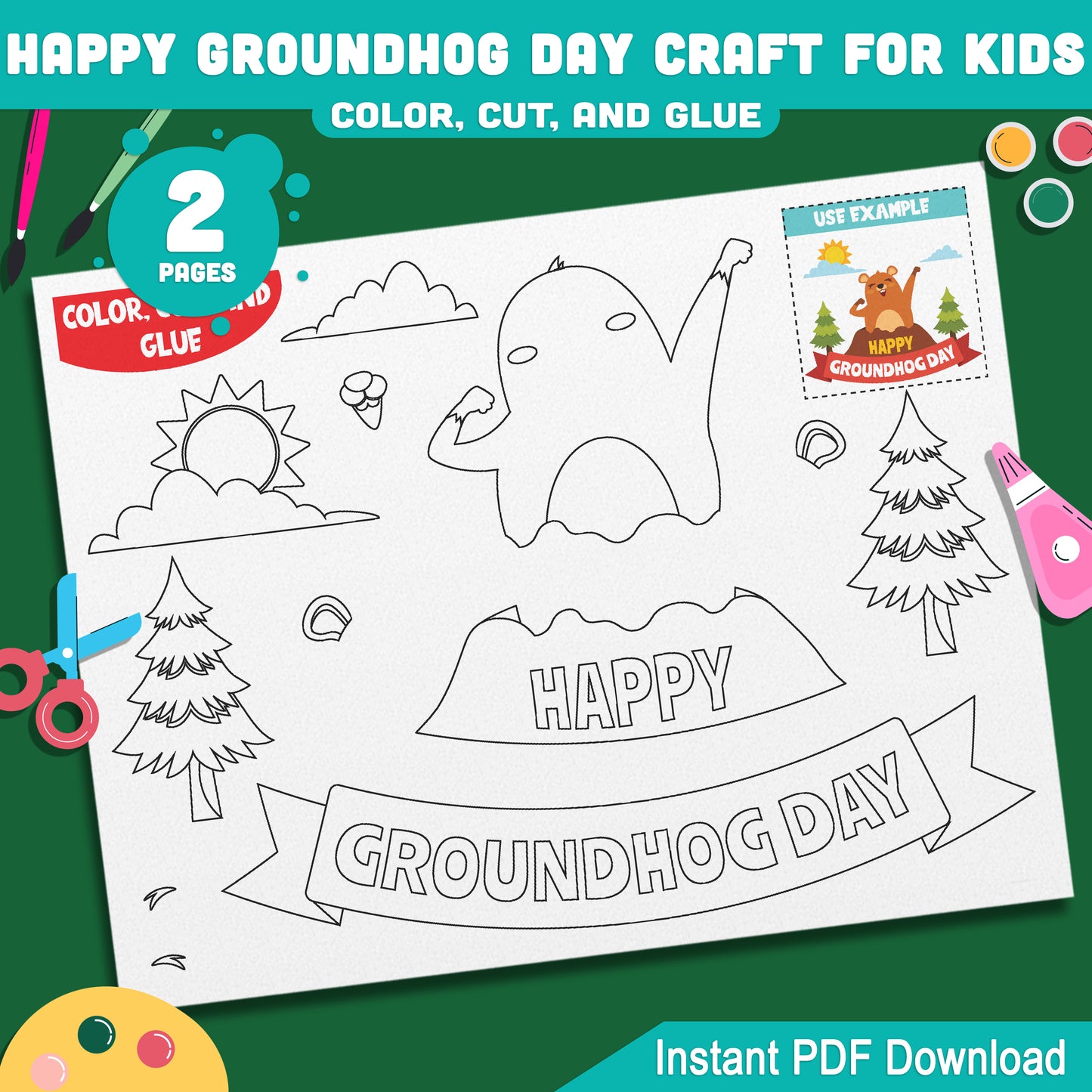 Happy Groundhog Day Craft for Kids Color Cut and Glue Activity, Simple Groundhog Day Bulletin Board Craft for Preschool Pre-K Kindergarten