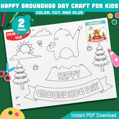 Happy Groundhog Day Craft for Kids Color Cut and Glue Activity, Simple Groundhog Day Bulletin Board Craft for Preschool Pre-K Kindergarten