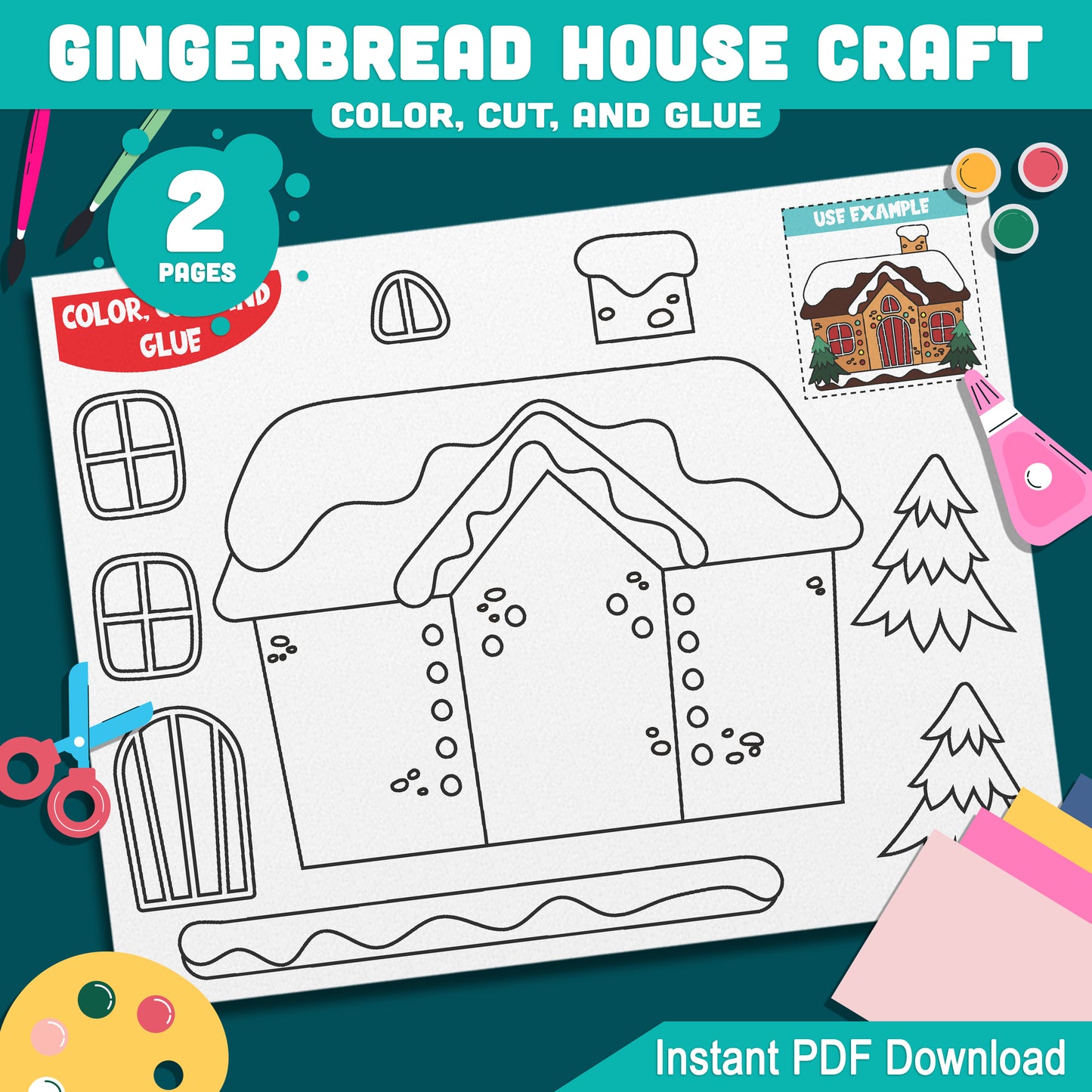 Fun Gingerbread House Craft: Christmas-Themed Color, Cut, and Glue Activity for Kids – Ideal for Holiday Art Projects, PDF Instant Download