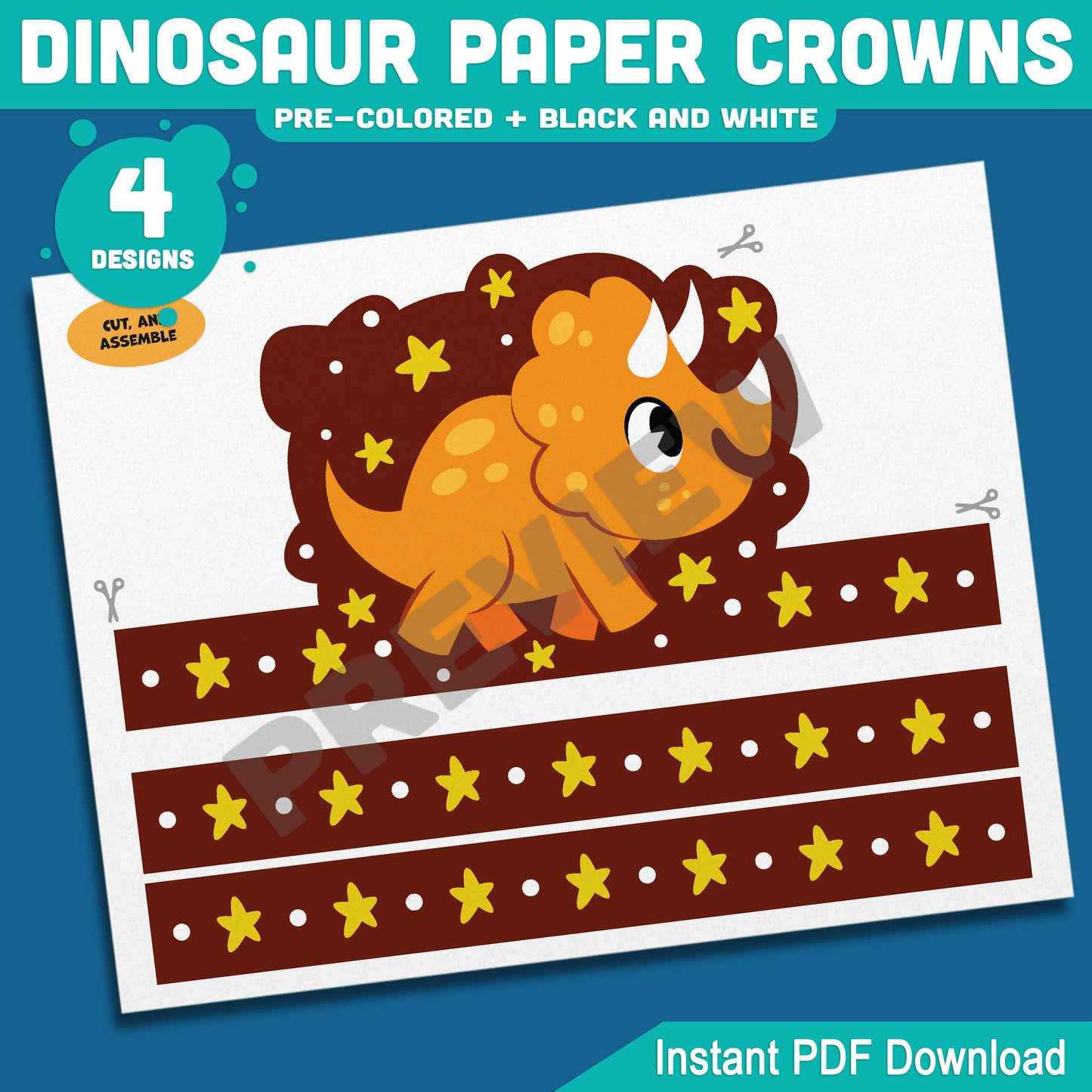 Dinosaur Paper Crowns, Printable Headbands, Color Your Own Paper Hats, Dinosaur Crown Craft, Printable Classroom Activity, US Letter, A4