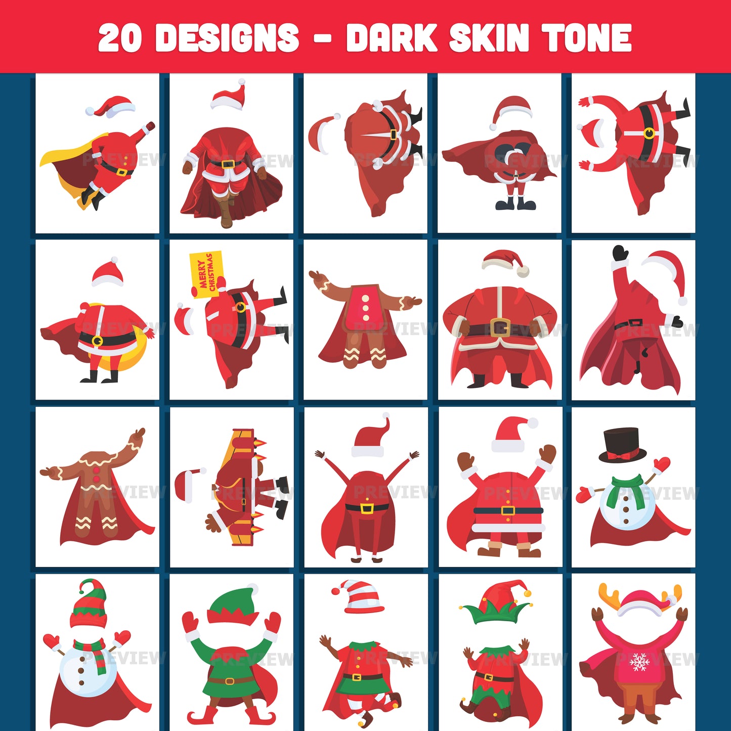 Christmas Superhero Body Templates – Make Your Own Holiday Cutouts with Santa Snowman Elf Reindeer Gingerbread Man, 20 designs Light + Dark Skin Tone, PDF + PNG