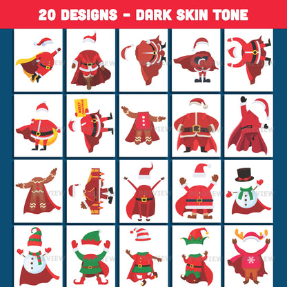 Christmas Superhero Body Templates – Make Your Own Holiday Cutouts with Santa Snowman Elf Reindeer Gingerbread Man, 20 designs Light + Dark Skin Tone, PDF + PNG
