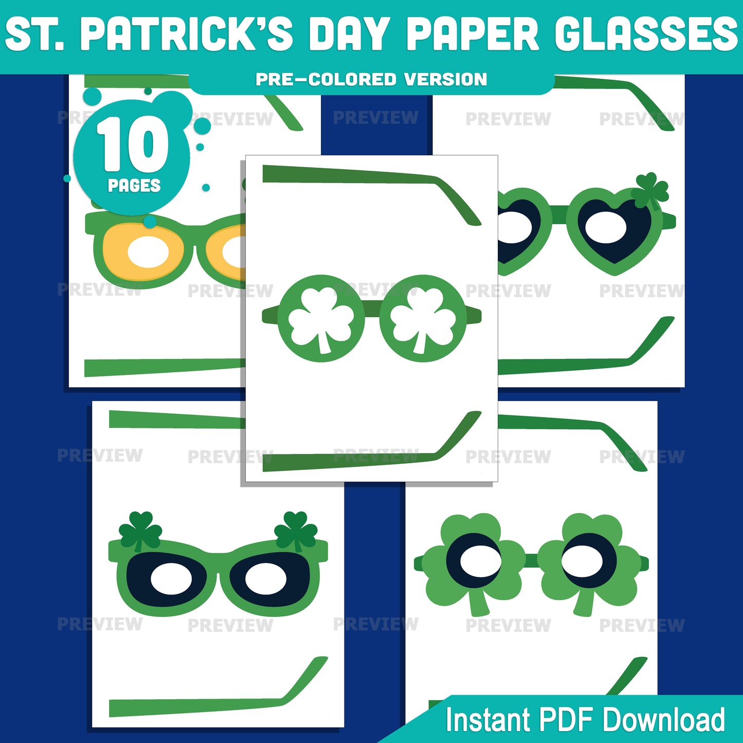 St Patrick’s Day Paper Glasses Printable Activity, Shamrock Glasses Craft, 10 Designs, Pre-Colored and Black & White, Instant Download for Classroom