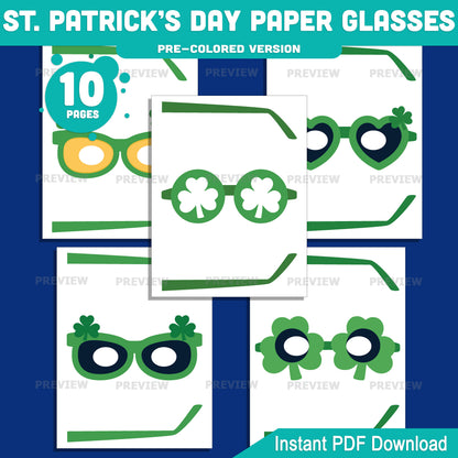 St Patrick’s Day Paper Glasses Printable Activity, Shamrock Glasses Craft, 10 Designs, Pre-Colored and Black & White, Instant Download for Classroom