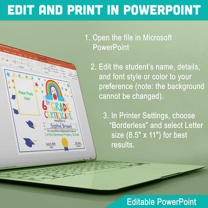 Customizable 6th Grade Certificate Template with Photo: Letter Size PDF & PowerPoint for Graduation, Achievement, and Special Recognition