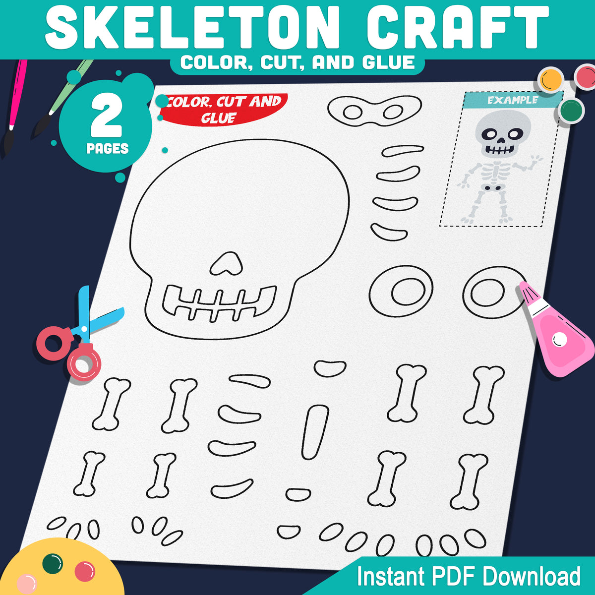Skeleton Craft for Kids, Build a Skeleton Halloween Activity, Cut and Glue Paper Craft, Coloring Option, Letter and A4 Printable PDF
