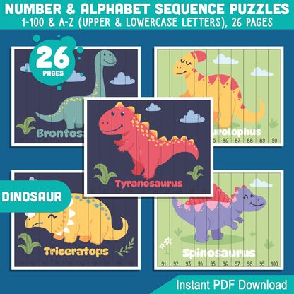 Dinosaur Number and Alphabet Sequence Puzzles: 1-100 Counting and A-Z Sequencing for Toddlers, Preschool, and Kindergarten, Printable PDF for Math Centers