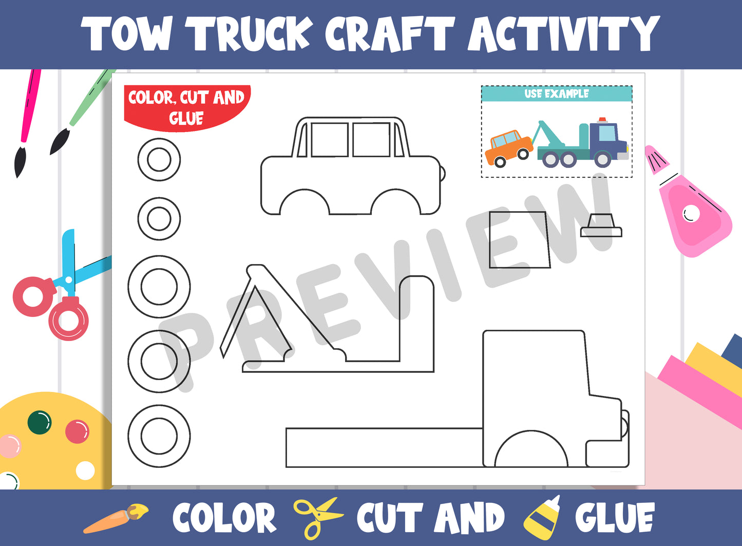 Tow Truck Craft Activity - Color, Cut, and Glue for PreK to 2nd Grade, PDF File, Instant Download