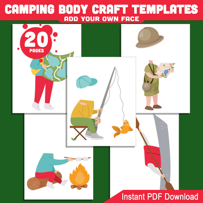 Camping Body Craft Template for Kids with Body Clipart – 40 Page Cut and Paste Activity, Add Your Face, Instant PDF, Dark Skin Tone Included