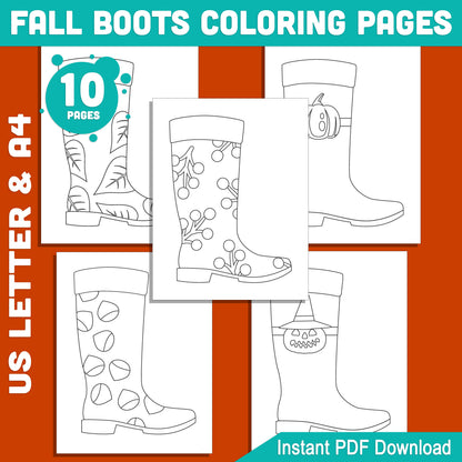 Fall Boots Coloring Pages, Printable Autumn Art Activity, Seasonal Classroom Resource, Kids Coloring Book, 10 Designs, US Letter & A4 PDF