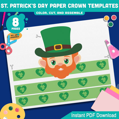 St. Patrick’s Day Paper Crown Templates – Wearable Craft for Kids, Lucky Shamrock Headband, Leprechaun Classroom Hat, Pre-color + Black & White